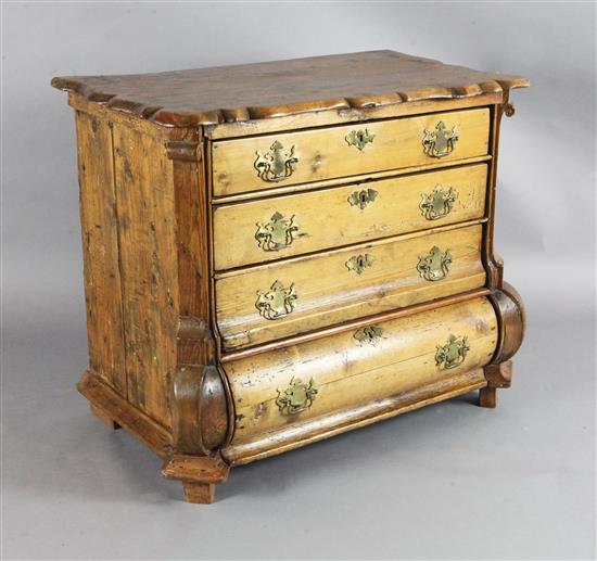 A mid 18th century Dutch pinewood ogee shaped chest, W.3ft H.2ft 7in.